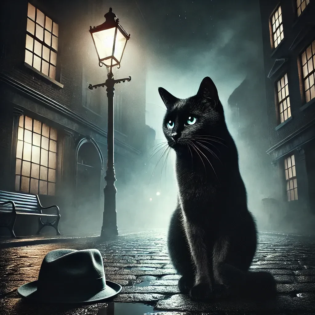Un gatto nero seduto in un vicolo bagnato di notte, sotto un lampione, accanto a un cappello rimasto a terra.