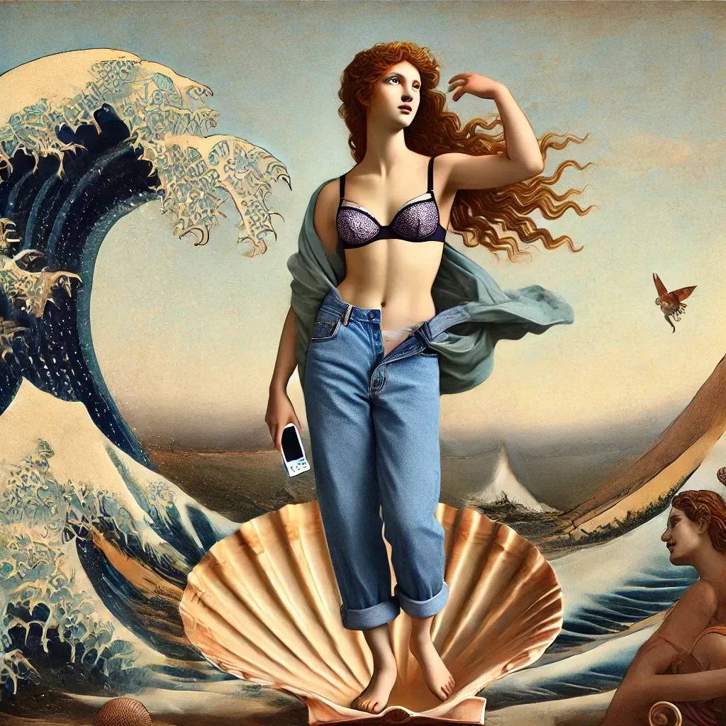 La Venere di Botticelli in jeans e reggiseno, con un cellulare in mano, sulla conchiglia davanti alla grande onda di Hokusai.