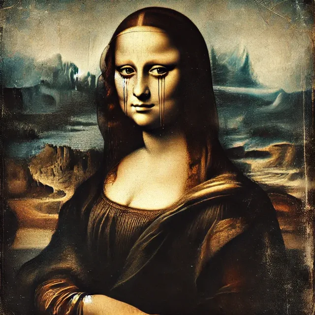 La Gioconda di Leonardo con il trucco nero che le cola dagli occhi, davanti a un paesaggio scuro e screpolato.
