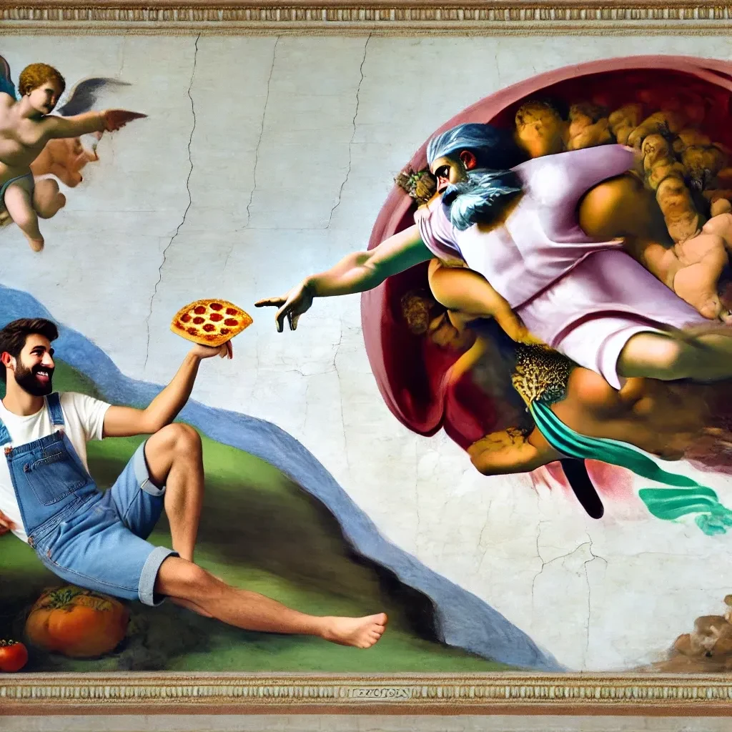 La Creazione di Adamo di Michelangelo, con un ragazzo in salopette di jeans che porge una fetta di pizza a Dio.