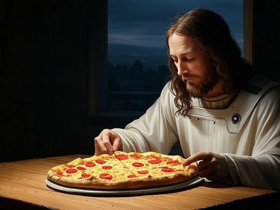 Cristo con una tunica bianca futuristica, da solo a un tavolo di legno di notte, mentre divide una pizza.