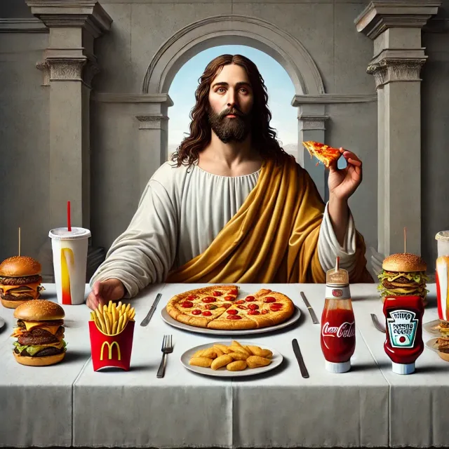 Cristo a tavola sotto un arco classico, circondato da hamburger, patatine, bibite e una pizza.